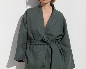 Emerald Green Linen Kimono Set – Bridal Loungewear, Natural European Linen Robe & Pants, Relaxed fit, Gift for Her/for Girlfriend/ for Wife
