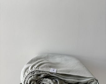 Pale Green Linen Fitted Sheet | 100% Stonewashed Flax | US Full Queen King | Breathable Cooling Bedding | OEKO-TEX | Made in Europe