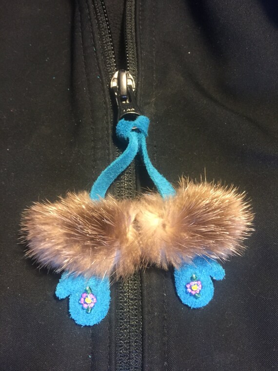 Turquoise leather mitten zipper pull with beaded flower Etsy