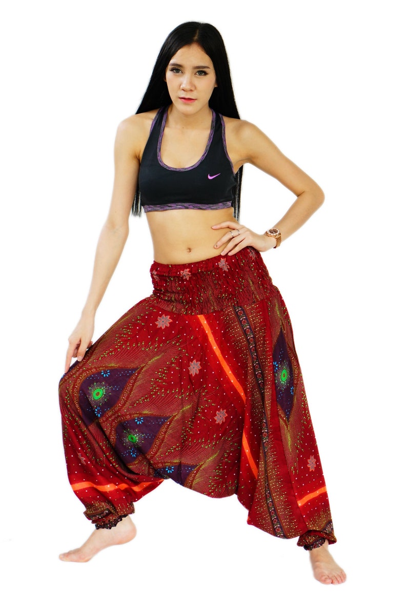 Red K5P622819 Peacock Feathers Boho Harem Pants Hippie Pants Gypsy Aladdin Genie Pants Yoga Pan