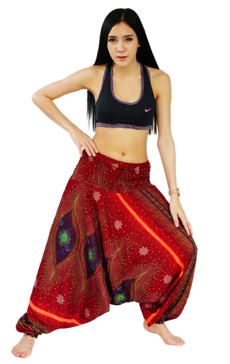 Red K5P622819 Peacock Feathers Boho Harem Pants Hippie Pants Gypsy Aladdin Genie Pants Yoga Pan