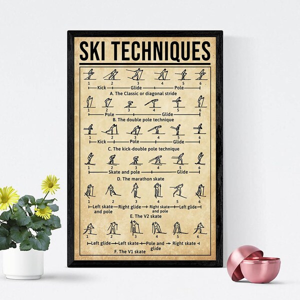 Vintage Ski Techniques Poster, Skiing Lover Gift, Skiing Wall Decor, Wall Art For Skier, Skiing Home Decoration, Skiing Knowledge Art Print