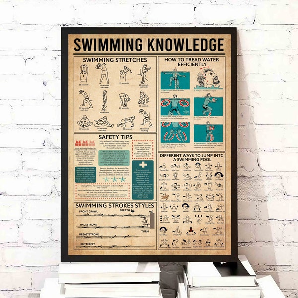 Vintage Schwimmwissen Kunstdruck, Schwimmdehnungen, Schwimmstil Stile, Schwimmgeschenk, Geschenk für Schwimmer, Sprung in ein Schwimmbad