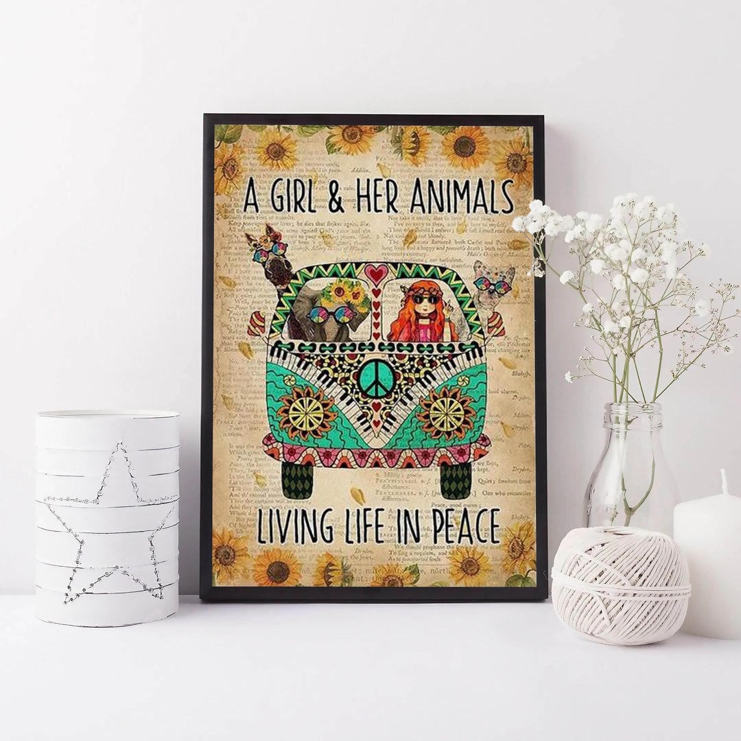 A Girl & Her Animals Living Life in Peace Bus Hippie Poster, Girl Love