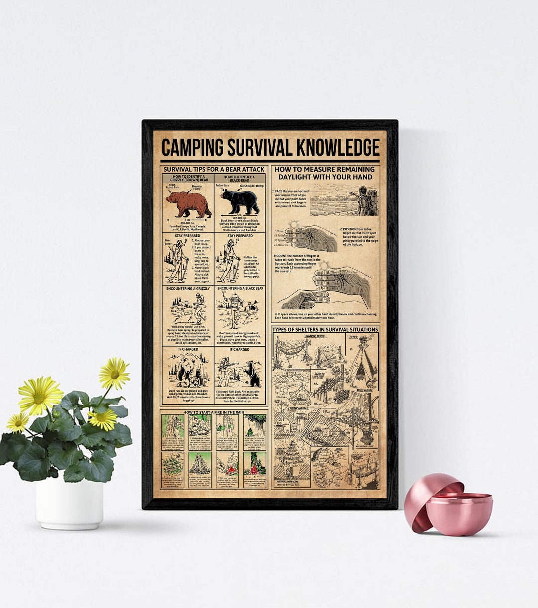 Camping Survival Knowledge Poster, Camper Gift, Camper Art Print