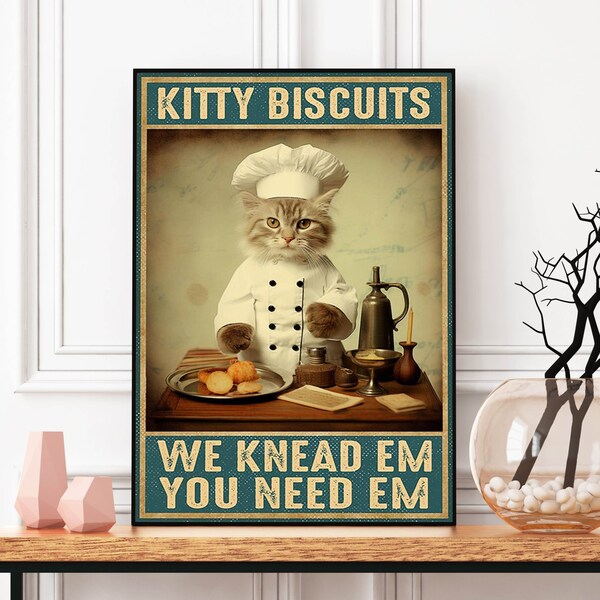 Kitty koekjes we kneden em je nodig hebt em poster, kat bakken poster, kat bakken kunst, koken vintage poster, bakkerij keuken kunst, kat minnaar cadeau