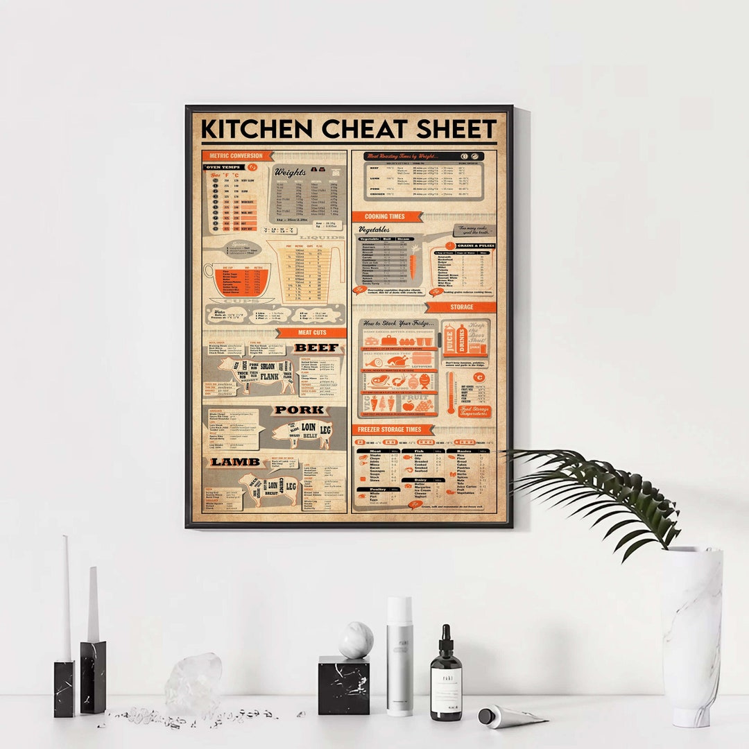 Kitchen Cheat Sheet Print, Cooking Lover Kitchen Decor, Vintage Kitchen ...