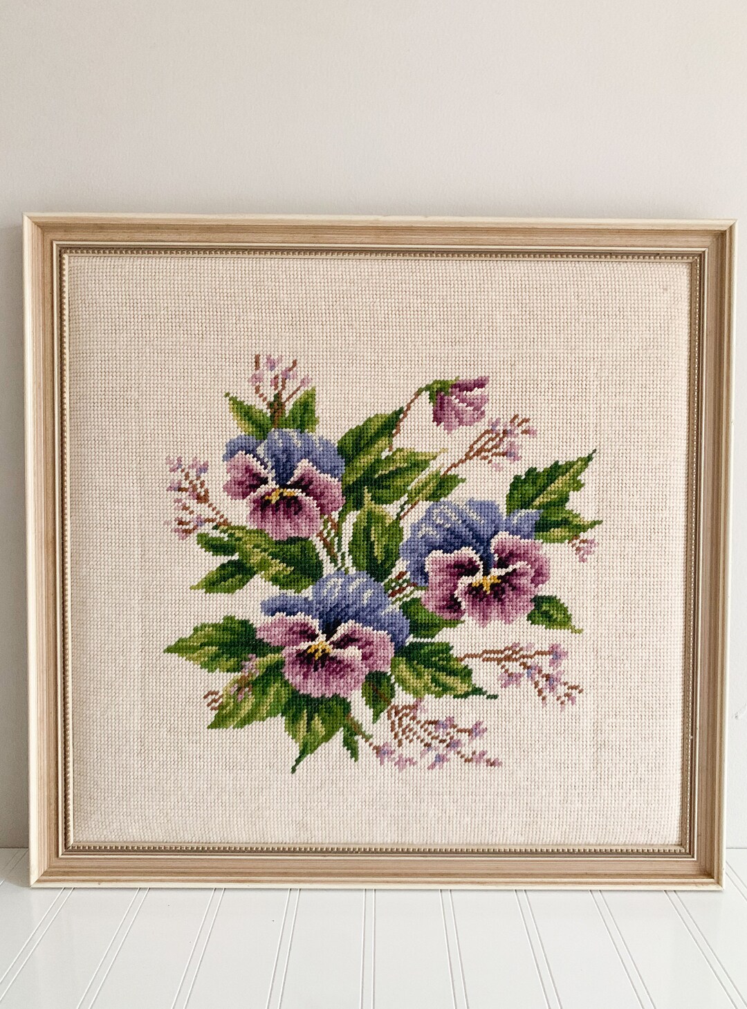 Vintage White Floral Needlepoint Wall Hanging Etsy