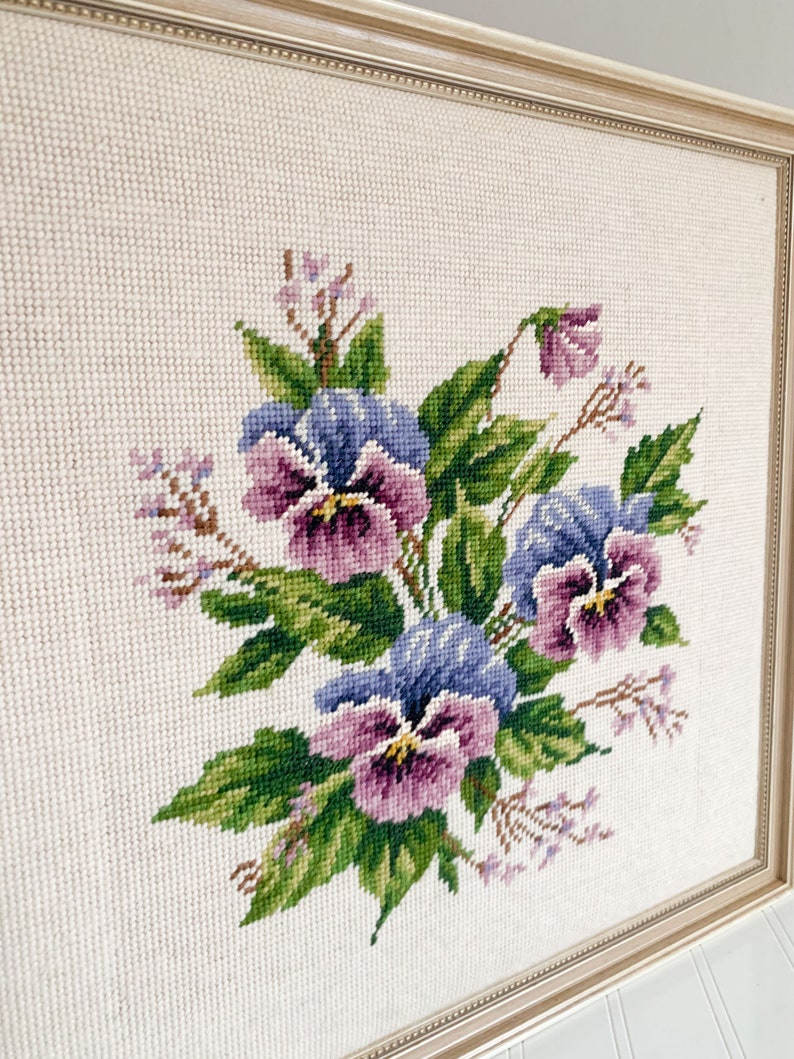 Vintage White Floral Needlepoint Wall Hanging Etsy