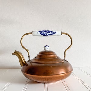 Vintage Copper and Brass Teapot Kettle with Ceramic Handle