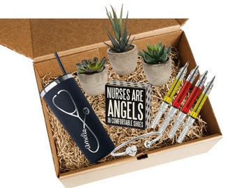 The Ultimate Nurse/Doctor Care Package Personalized Tumbler, Artificial Succulents, Wooden Nursing Desk Decal, Bracelet, Syringe Pens Gift