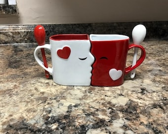 Adorable 13 oz Kissing Mug Set Red and White with Tea Spoons Anniversary, Valentine&#39;s Day, Galentine&#39;s Day, Wedding, Birthday