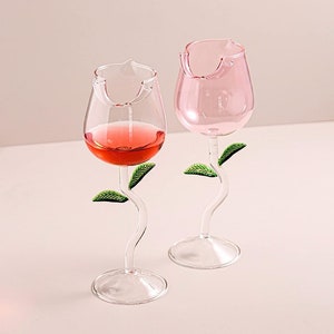 2-Set Elegant Flower Rose Garden Wine High-Quality Glass Clear Pink Party Wedding Dinner 5oz, 9.5oz