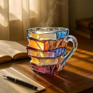 May include: A unique glass mug shaped like a stack of colorful books. The mug features a clear handle and is filled with a steaming beverage. The books are in shades of blue, orange, red, and purple. A pen and paper are on the table.