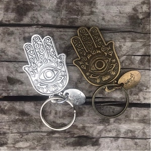 Antike Bronze oder Silber zweiseitiger Hamsa Schlüsselanhänger / Hamsa Schlüsselanhänger / Hamsa Hand / Hand der Fatima / Spirituelle Geschenke