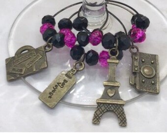 Paris Wine Glass Charms: Eiffel Tower, Travel Theme, Set of 4