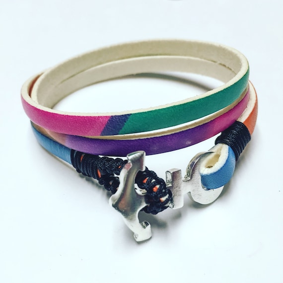 Rainbow leather with Anchor Sterling silver bracelet
