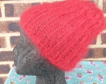 Hand Knitted Mohair Beanie in Bright Red