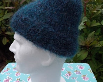 Hand Knitted Mohair Beanie in Petrol Blue