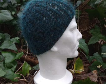 Hand Knitted Dark Green Mohair Beanie/Skull Cap