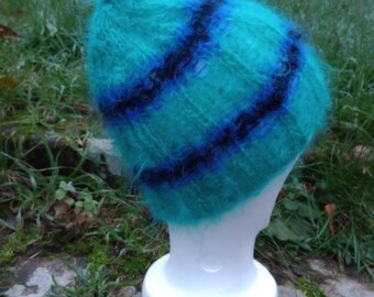 Hand knitted Striped Mohair Beanie in Teal