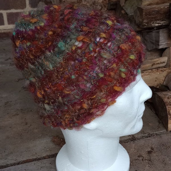 Hand knitted Textured Autumn Coloured Beanie