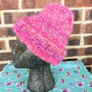 Hand Knitted Mohair Beanie in Fuscia Pink by Studley Wools