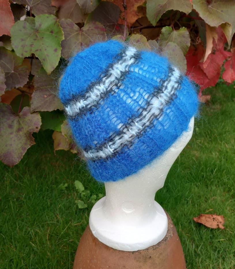 Hand knitted Striped Mohair Beanie in Royal Blue