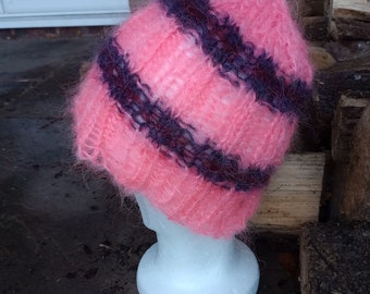 Hand knitted One Off Unique Striped Mohair Beanie in Peachy Colours