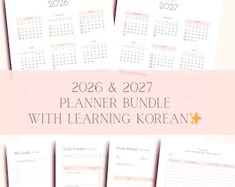 Afdrukbare Koreaanse plannerbundel voor 2026 en 2027 met Learning Hangul-kalender voor taalonderwijs Korea