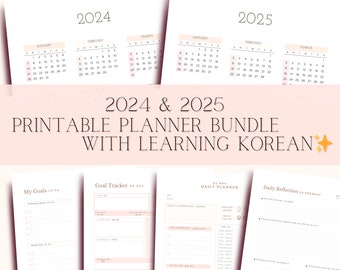 2024 & 2025 Druckbares koreanisches Planer-Bundle mit koreanischen Sprachlernplaner Korea Kalender Hangul-Kalender 2025 Planer