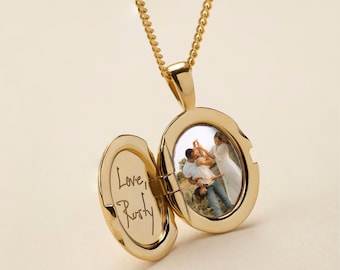 Personalized Oval Locket Necklace, Custom Photo Locket, Engraved Gold Locket Necklace, Memorial Jewelry, Handwriting Necklace Gift