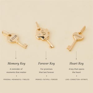 May include: Three gold-toned key charms. The first is a round key engraved with 8.23.26, labeled Memory Key. The second is a decorative key with a small stone and script initials, labeled Forever Key. The third is a heart-shaped key engraved with always, labeled Heart Key.