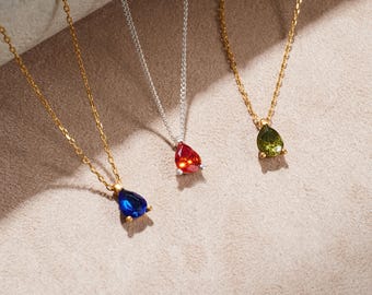 Solitaire Pear Birthstone Necklace, Personalized 6x8mm Pear CZ Pendant, Custom Birthstone Necklace, Gift for Mom, Bridesmaid Gift