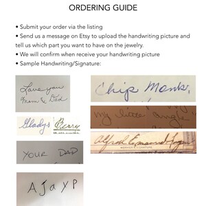 May include: An ordering guide for custom jewelry featuring instructions to submit orders via the listing, send handwriting pictures via Etsy messages, and confirm receipt. It displays various samples of handwritten text and signatures.