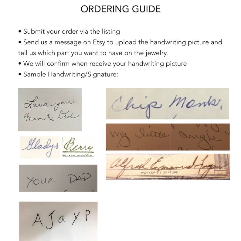 May include: An ordering guide for custom jewelry featuring instructions to submit orders via the listing, send handwriting pictures via Etsy messages, and confirm receipt. It displays various samples of handwritten text and signatures.