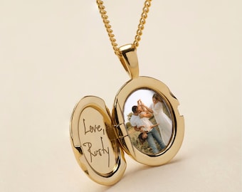 Personalized Oval Locket Necklace, Custom Photo Locket, Engraved Gold Locket Necklace, Memorial Jewelry, Handwriting Necklace Gift