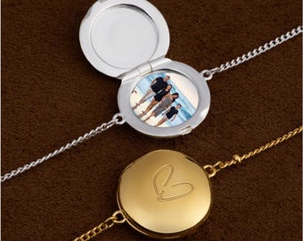 Personalized Round Locket Bracelet, Custom Photo Bracelet, Hidden Picture Bracelet, Engraved Locket Jewelry, Memorial Gift for Her