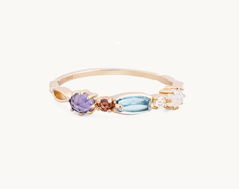 Colorful Gemstone Row Ring, Minimalist Birthstone Ring, Natural Stone Jewelry, Elegant Band, Mother's Day Gifts