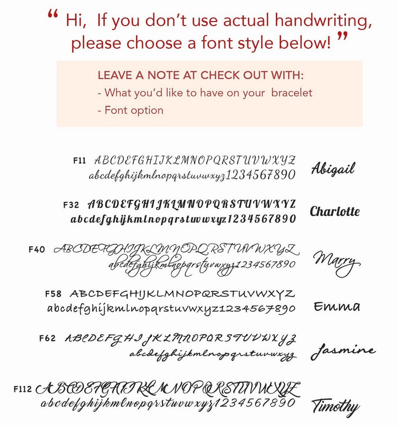 May include: A font selection guide for custom jewelry featuring six distinct black typeface options labeled F11, F32, F40, F58, F62, and F112. Each line displays the full alphabet and numbers, accompanied by a name example like Abigail or Timothy.