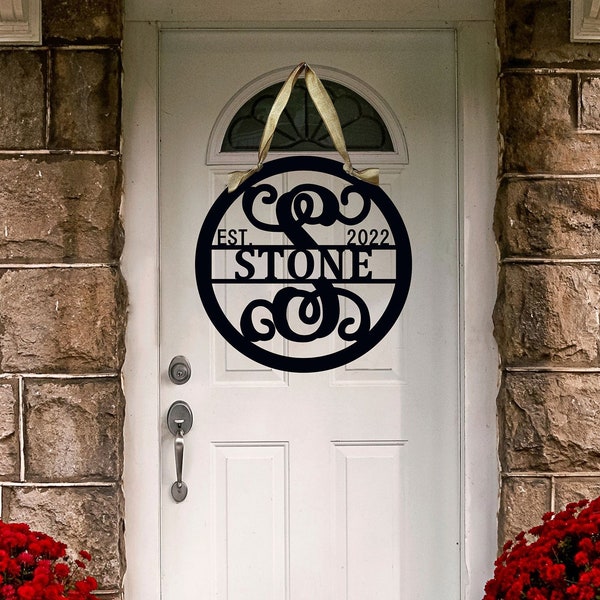 Letrero redondo personalizado con apellido dividido, colgador de puerta con año de fundación, regalo de boda o para una nueva casa, decoración de pared resistente a la intemperie PK Decor