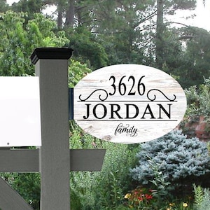 May include: A white oval address sign with the numbers "3626" and the name "JORDAN family" in black lettering. The sign is mounted on a gray post with a black top, and is surrounded by greenery.