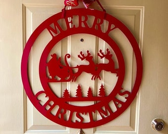 Merry Christmas Sign -  Santa Sleigh And Reindeer Christmas Decoration - Holiday Wreath Door Hanger - CUSTOMIZE Wording, Size, Color, Bow