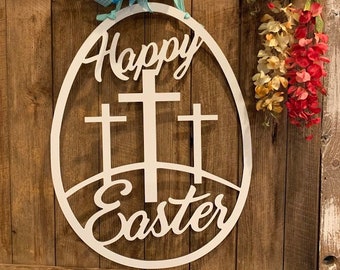 Happy Easter Calvary Crosses Door Hanger - Happy Easter Three Crosses Yard Decor - Easter Egg Wreath Accessory for Front Door - Resurrection