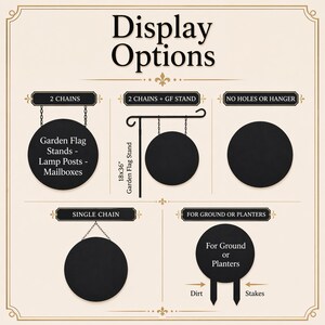 May include: Image showing display options for garden flags, lamp posts, and mailboxes. Options include chains, a stand, or stakes. Text reads "Display Options". The stand is 45.7cm x 91.4cm.