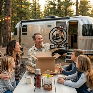 Custom RV Entrance Sign Personalized Camping Name Metal Outdoor Campsite Marker Aluminum Weatherproof Happy Camper Wall Art Retirement Gift Circular Design Pine Trees Moon Imagery Perfect Father Day Present Couple Anniversary Gift Available. AI Generated Models in photo.