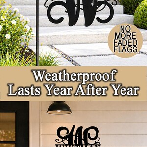 May include: Black metal sign displaying the name "Whitman" in a decorative font. The sign is shown outdoors, attached to a post and also mounted on a house. The text "Weatherproof Lasts Year After Year" is also visible.