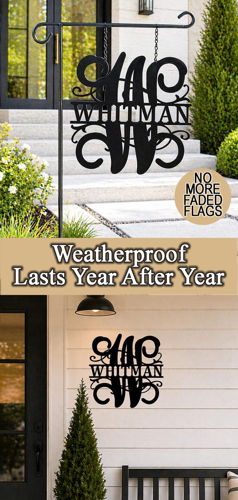 May include: Black metal sign displaying the name "Whitman" in a decorative font. The sign is shown outdoors, attached to a post and also mounted on a house. The text "Weatherproof Lasts Year After Year" is also visible.