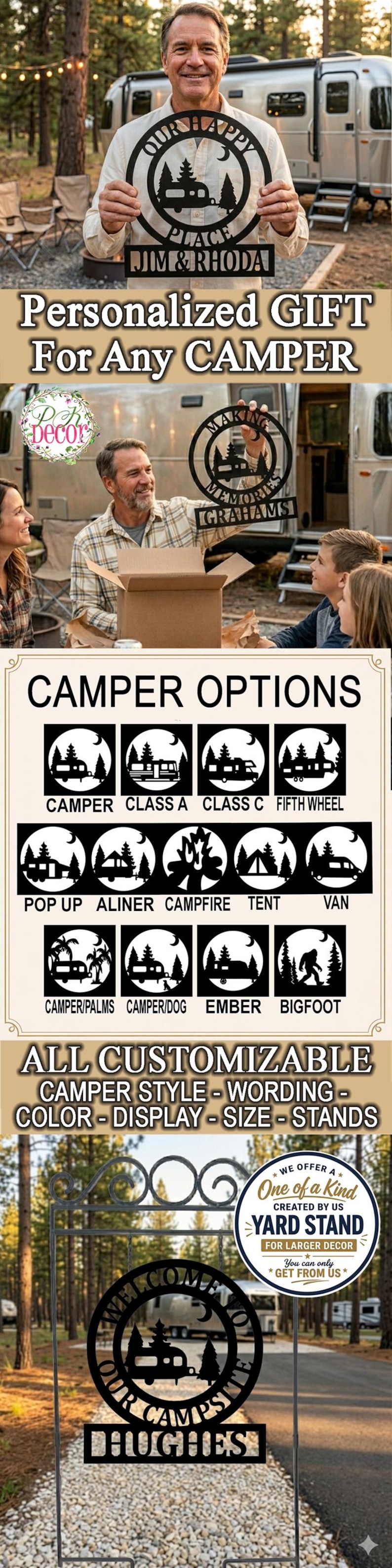 personalized camping sign, sign custom name, name retirement gift, gift happy camper, camper wall art, art metal outdoor, outdoor rv entrance, entrance campsite marker, marker aluminum weatherproof, weatherproof father day, day couple anniversary, anniversary camper enthusiast. This image was created with the assistance of AI tools and finalized by the shop. AI Generated Model in photo.