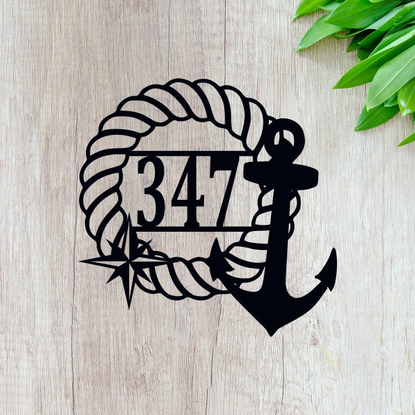 Nautical Address Sign for House - Beach House Sign House Numbers - Lake House Decor Outdoor Address Number - Monogram Anchor Door Hanger
